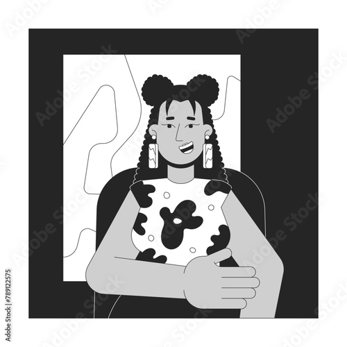 Happy latina woman in office black and white 2D line cartoon character. Female manager taking part in video conference isolated vector outline person. Remote work monochromatic flat spot illustration