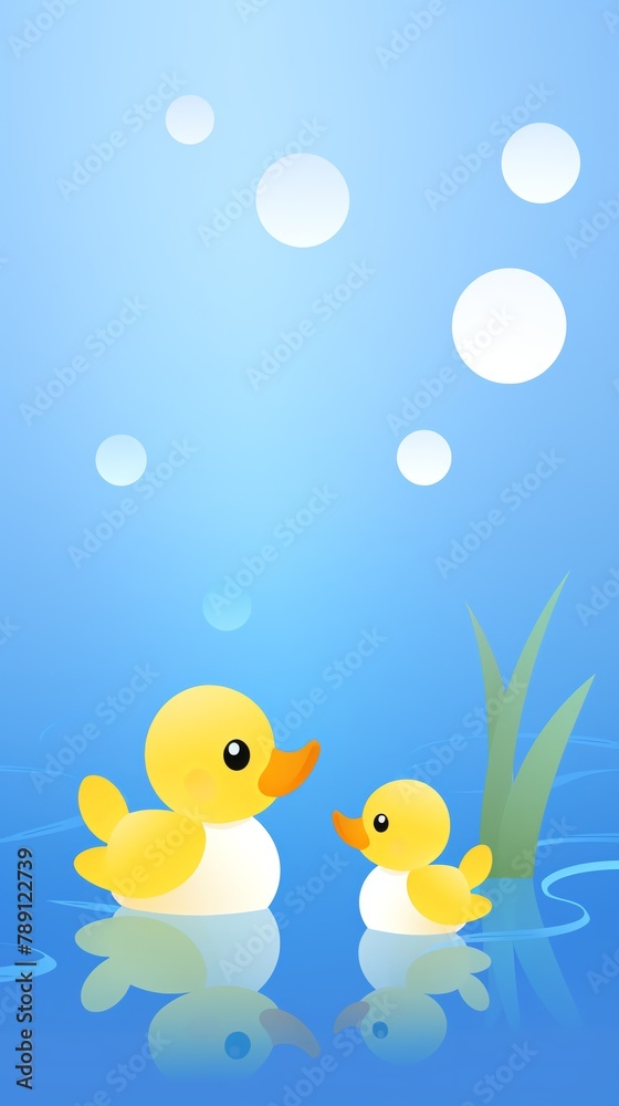 A baby duck waddling after its mother in a sparkling pond cartoon, animation 2D flat design