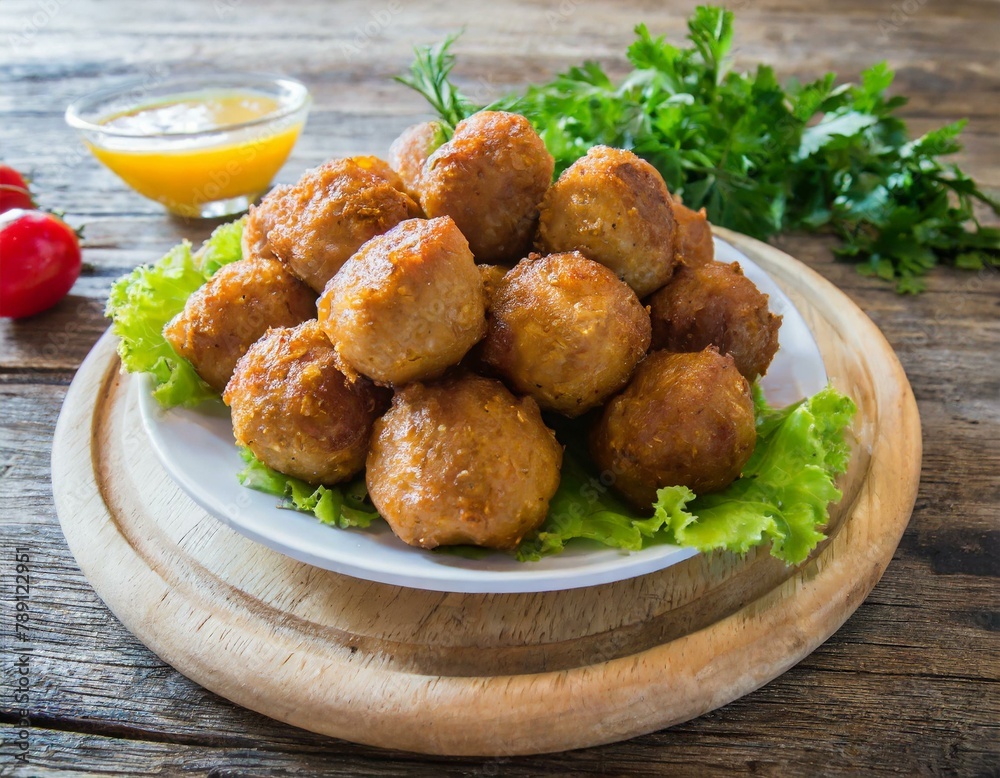 gebratene Meatballs auf Holzhintergrund schön angerichtet gebratene Meatballs auf Holzhintergrund schön angerichtet
