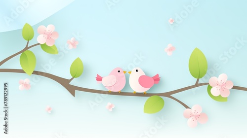 A pair of lovebirds whispering secrets in a blooming cherry blossom tree cartoon, animation 2D flat design