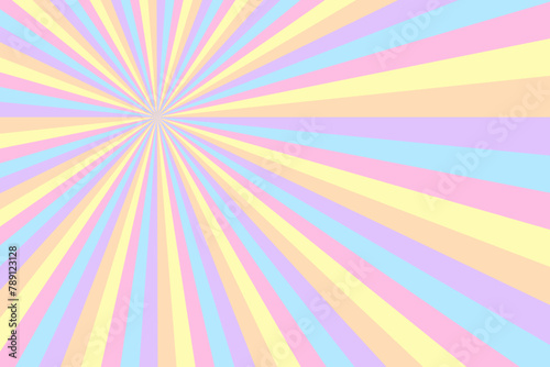Retro radial stripes. Groovy sunbeams. Vintage burst rays. Rainbow vector background in pastel colors.