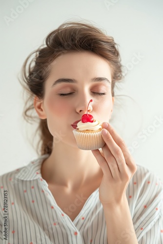 A woman eyes closed, enjoying the scent of a cupcake, anticipation of flavor.