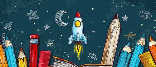 Background To School Books And Pencils With Rocket Sketch