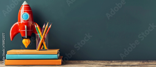 Background To School Books And Pencils With Rocket Sketch photo