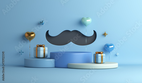 Happy Fathers day display podium background with mustache, gift box heart shape balloon, 3D rendering illustration