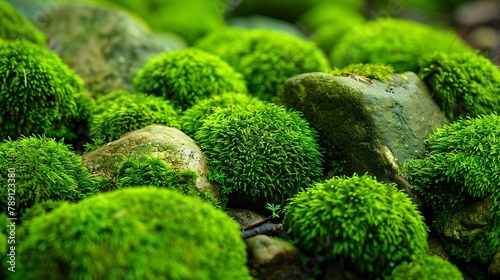 Beautiful Bright Green moss grown up cover the rough stones and on the floor in the forest Show with macro view Rocks full of the moss texture in nature for wallpaper   Generative AI