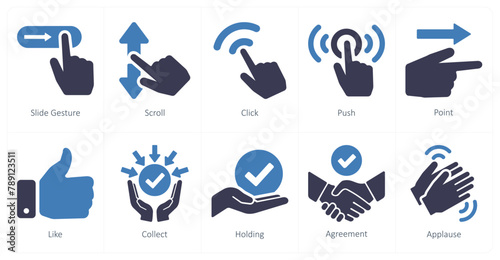 A set of 10 hands icons as slide gesture  scroll  click