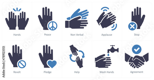 A set of 10 hands icons as hands, peace, non verbal photo
