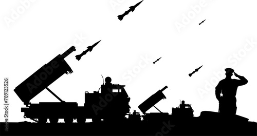 Vektor Silhouette Flugabwehr - Raketensystem - Feuerleitstand zur Abwehr von Raketen, Drohnen, Flugzeugen, Marschflugkörpern und ballistischen Raketen - Salutierender Soldat photo