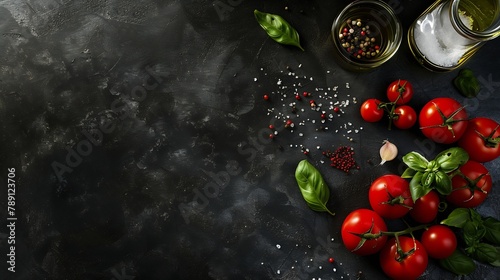 Black cooking background with useful cooking italian Mediterranean ingredients  tomatoes basil leaves greens olive oil salt pepper garlic flat lay black concrete table top view copy sp : Generative AI photo