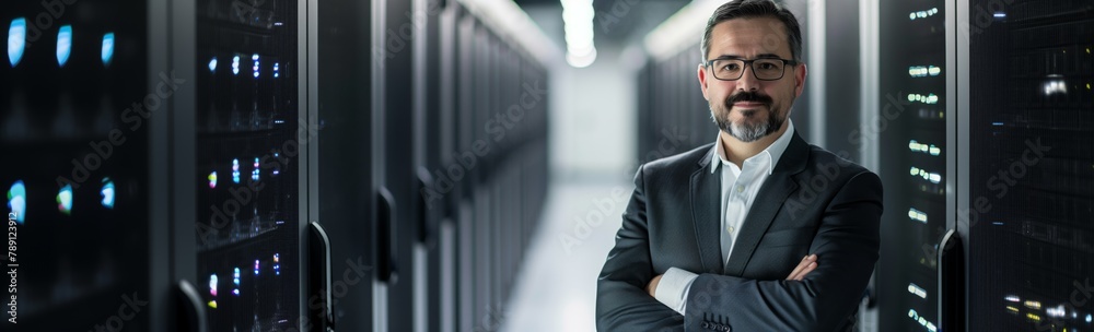 An entrepreneur analyst in a data center uses their skills to identify and analyze key performance indicators and data security, facilitating informed strategic decision-making. Banner An entrepreneur analyst in a data center uses their skills to identify and analyze key performance indicators and data security, facilitating informed strategic decision-making. Banner
