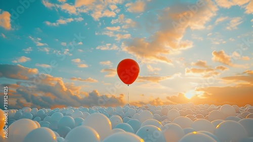 Red Balloon Soaring Above White Balloons at Sunset Depicting Leadership and