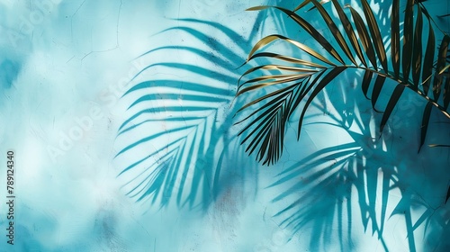 Mint Blue cement texture wall leaf plant shadow backgroundSummer tropical travel beach with minimal concept Flat lay pastel color palm nature : Generative AI