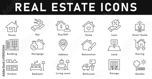 Real Estate house Icons vector illustration with thin line editable stroke containing key, buy/sell, loan, smart home, building, mortgage, address, renovation, land, kitchen, bedroom, living room