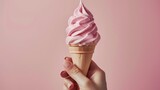 Creative ad photo of a hand holding a uniquely shaped artisanal ice cream, ideal for quirky brands, isolated background, studio lighting