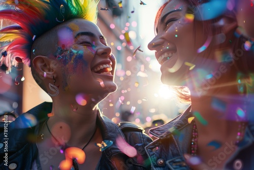 Joyful genderfluid person with colorful mohawk laughing with friend in confetti rain during a festive celebration