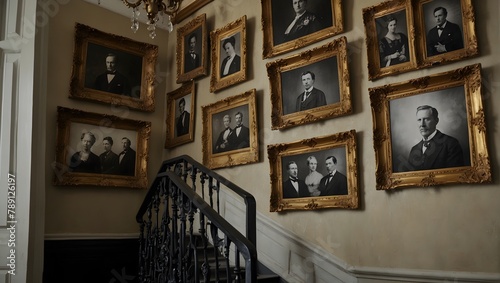 A staircase wall elegantly lined with black-and-white ancestral portraits in ornate, gold-leaf frames Generative AI