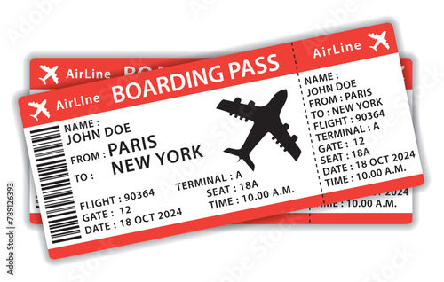 Beautiful boarding passes. Two red flat design airplane tickets. Hand drawn vector icon illustration.
