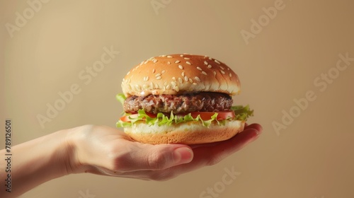 Engaging view of a hamburger in a hand, showcasing the quality and freshness, ideal for ads, isolated on a soft background, studio lighting
