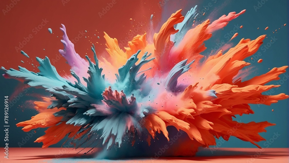 A high-speed capture of a vivid paint explosion, with dynamic colors splattering against a plain backdrop A high-speed capture of a vivid paint explosion, with dynamic colors splattering against a plain backdrop