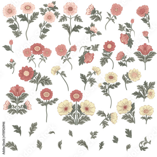 Foto Vector clipart with flowers on isolated white background in William Morris style
