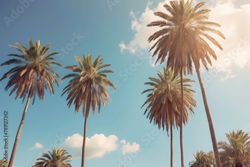 Palm trees on blue sky background, vintage style, banner.