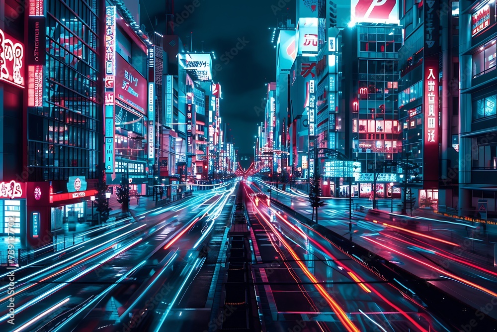 : A futuristic cityscape with neon lights and holographic billboards