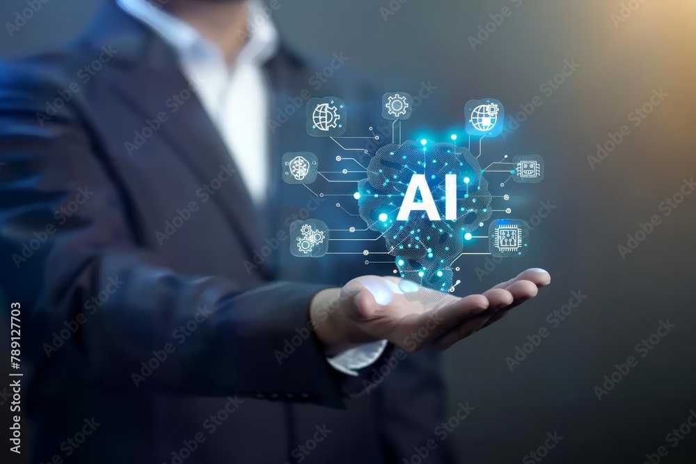 A businessman displays a digital hologram of an AI icon above his hand with the text AI, Futuristic technology concept, innovation in business A businessman displays a digital hologram of an AI icon above his hand with the text AI, Futuristic technology concept, innovation in business