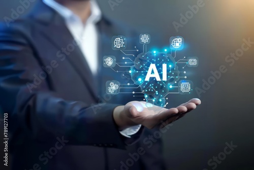 A businessman displays a digital hologram of an AI icon above his hand with the text AI, Futuristic technology concept, innovation in business