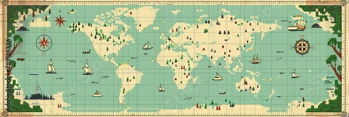 A large map of the world with a compass on the right side. The map is filled with boats and trees, and it looks like a piece of art