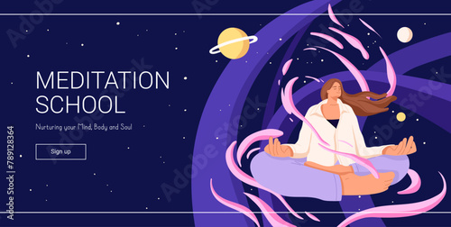 Web banner of meditation classes. Advertising of yoga training. Girl practices enlightenment in calm space. Woman sits in asana, lotus pose. Zen, harmony, mental health. Flat vector illustration
