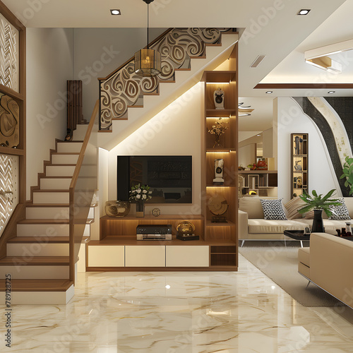 Indian style modern living room design with stairs and tv cabinet under stairs and sofa
