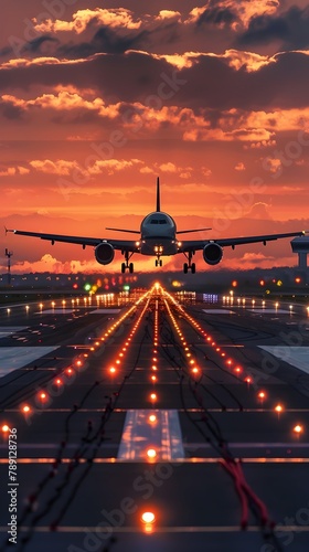 Majestic Departure of Jetliner at Sunset with Runway Lights Reflection