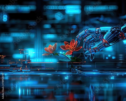 Within a laboratory, a scientist observes with awe as a robotic hand delicately caresses a blooming flower, symbolizing a delicate bond between technology and nature, watercolor style with a touch of