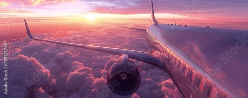 Majestic Jetliner Soaring at Dawn with Glow on the Horizon and Copy Space