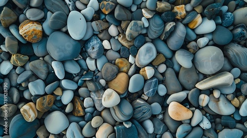 Flat lay birds eye of pretty pebbles and stones on beach : Generative AI