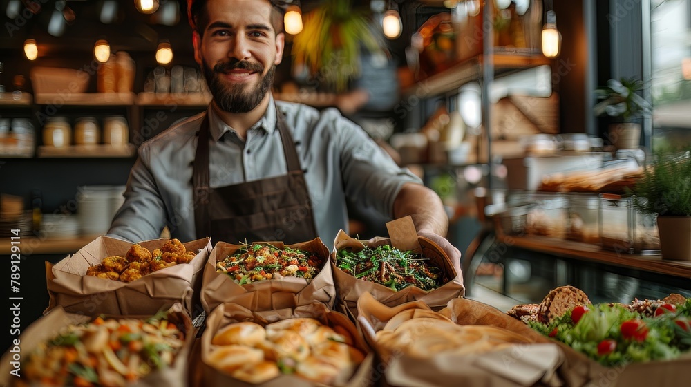 Restaurant employee handing out take-out lunch Restaurant employee handing out take-out lunch