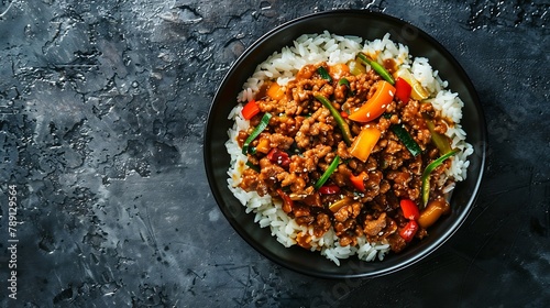 crispy ground beef with stirfried veggies and a stickysweet orange sauce topped on rice in black bowl on concrete table horizontal view from above flat lay copy space : Generative AI