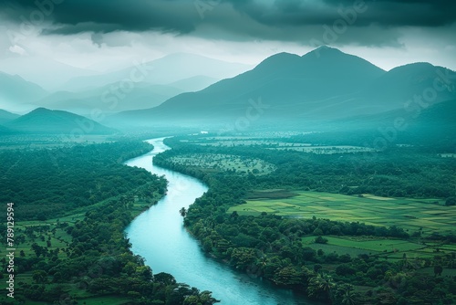 Aerial view of lush green agricultural fields along river, digital illustration with matte painting
