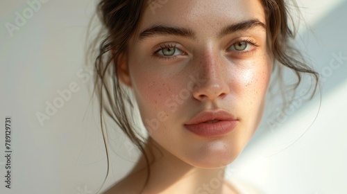 Close-up portrait of a young woman with natural makeup and glowing skin