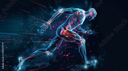 Athlete in mid-run wincing in pain, dynamic angle, digitally enhanced to highlight muscle strain. photo