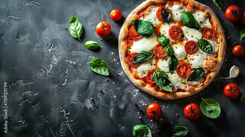 Neapolitan pizza with spices tomatoes and cheese mozzarella on dark background Pizza Margherita with mozzarella tomato sauce spinach on a thick dough Top view : Generative AI photo