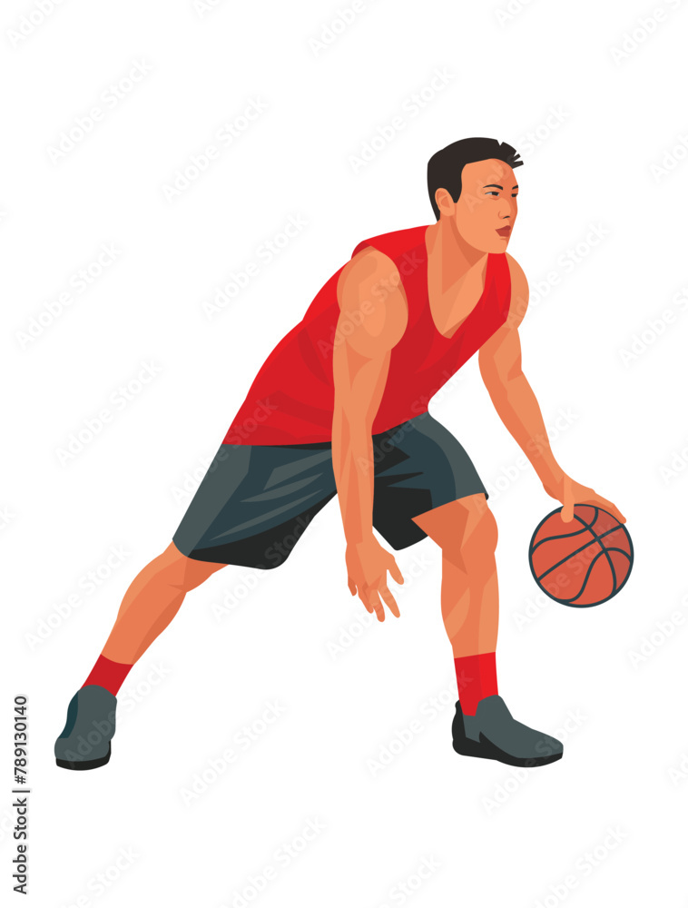 Asian basketball player in a red uniform dribble the ball protecting it