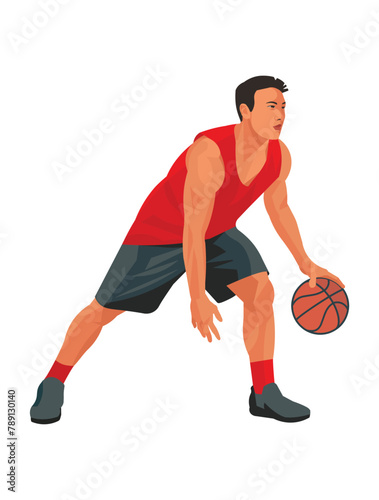 Asian basketball player in a red uniform dribble the ball protecting it