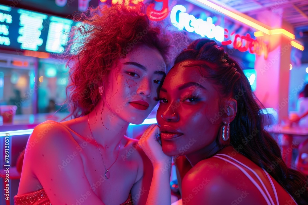 Two women enjoying a vibrant night out at a neon-lit diner