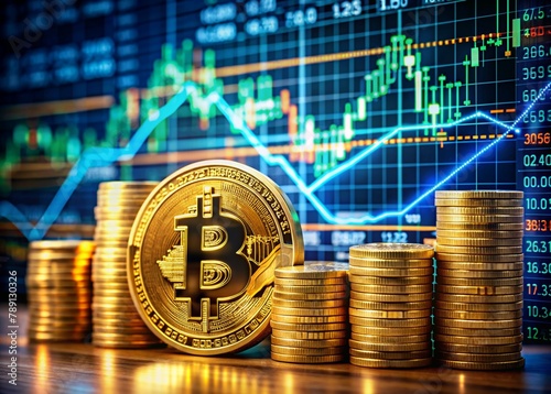 Cryptocurrency. Gold coins are bitcoins with the exchange rate on the virtual screen. An image created with the help of artificial intelligence.