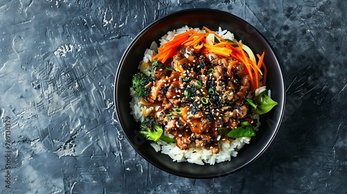 crispy ground beef with stirfried veggies and a stickysweet orange sauce topped on rice in black bowl on concrete table horizontal view from above flat lay copy space : Generative AI