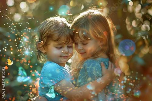 Two young children embrace lovingly, illuminated by a magical backdrop of sunlight and butterflies