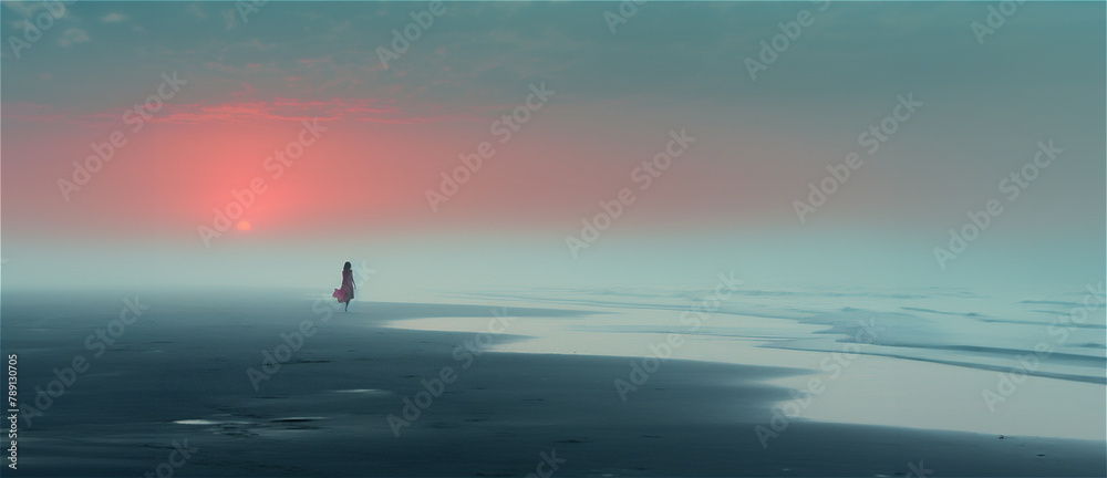 Sunrise fog beach panorama with woman silhouette in a red dress