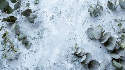 Feminine styled stock photo Floral composition of Green silver dollar eucalyptus leaves and branches Grunge concrete background Flat lay top view Empty space : Generative AI